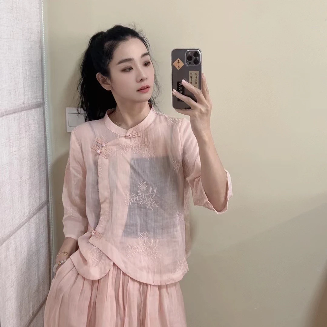C10050 【蛇年宠粉】高品质新中式百搭新款苎麻刺绣显瘦衬衫上衣
