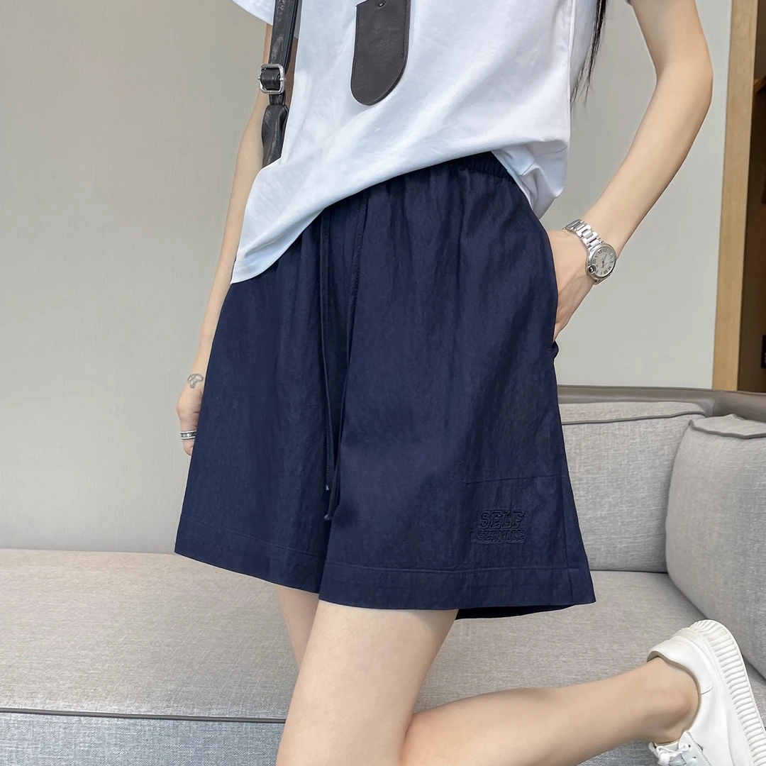 藏蓝色冰丝速干短裤女夏季薄款高腰垂感宽松显瘦小个子阔腿热裤子