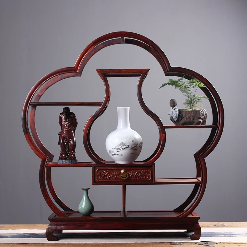 AJ-大红酸枝单抽大梅花博古架实木中式茶柜置物架展示架多宝阁