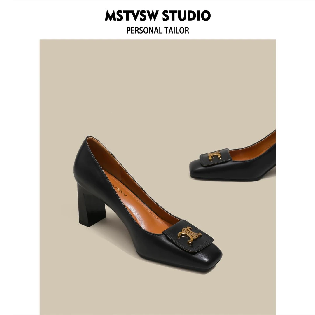 【韩国JTG&Shoes官方正品】潮流法式复古金属扣粗跟高跟鞋女黑色