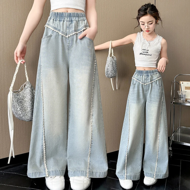 女童裤子春装2025新款初中学生女孩大童牛仔裤春秋儿童春季阔腿裤