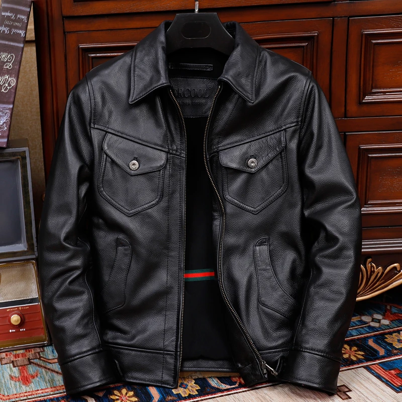 华仔同款进口头层牛皮商务休闲真皮皮衣男士翻领短款机车皮夹克