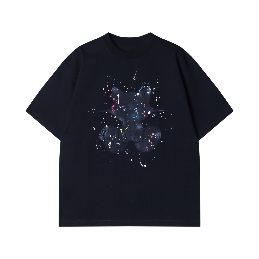 夏季新款时尚个性美式卡通泼墨圆领短袖T恤重磅宽松潮流情侣上衣