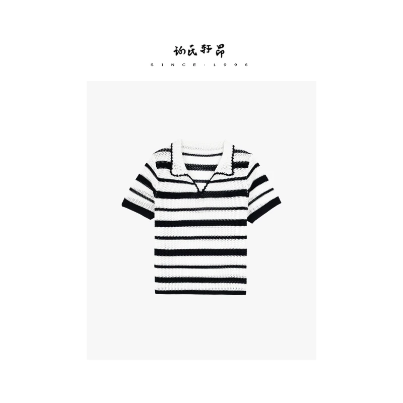 条纹针织短袖t恤女2025新款夏季设计感小众宽松休闲v领上衣潮