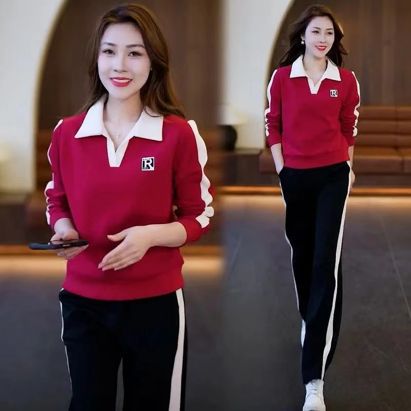 中年妈妈春秋女士新款气质V领长袖运动套装洋气阔腿裤大码两件套