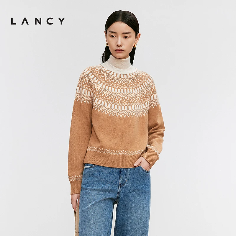 LANCY/朗姿2024年冬新款费尔岛提花复古时尚气质羊毛针织衫毛衣女