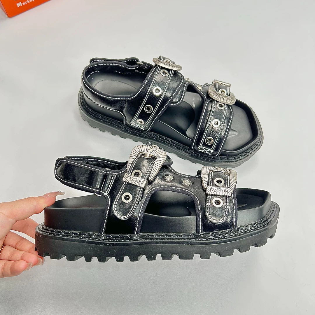 夏季新款小个子增高松糕厚底露趾罗马休闲沙滩一字带凉鞋女魔术贴