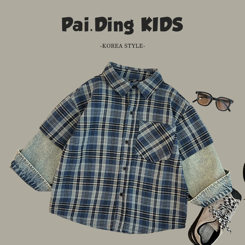 【派町现货】春儿童韩版潮流复古休闲牛仔拼接假两件翻领衬衫SJ5128