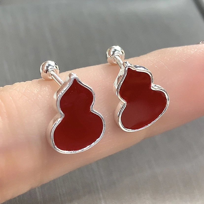 925银珐琅耳饰 鸿运当头红色珐琅葫芦福禄防丢耳钉