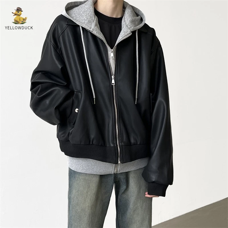 爆！时尚款春季连帽假两件外套男宽松潮流高级感痞帅pu夹克情侣上