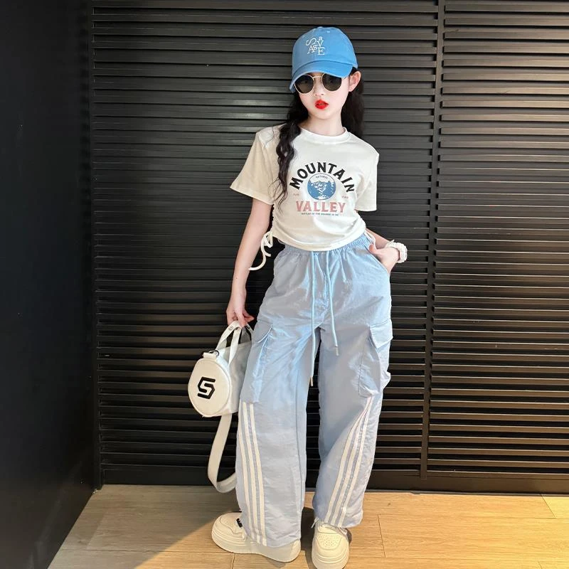 女童工装裤套装夏季2025新款儿童裤子薄款洋气女大童运动阔腿裤潮
