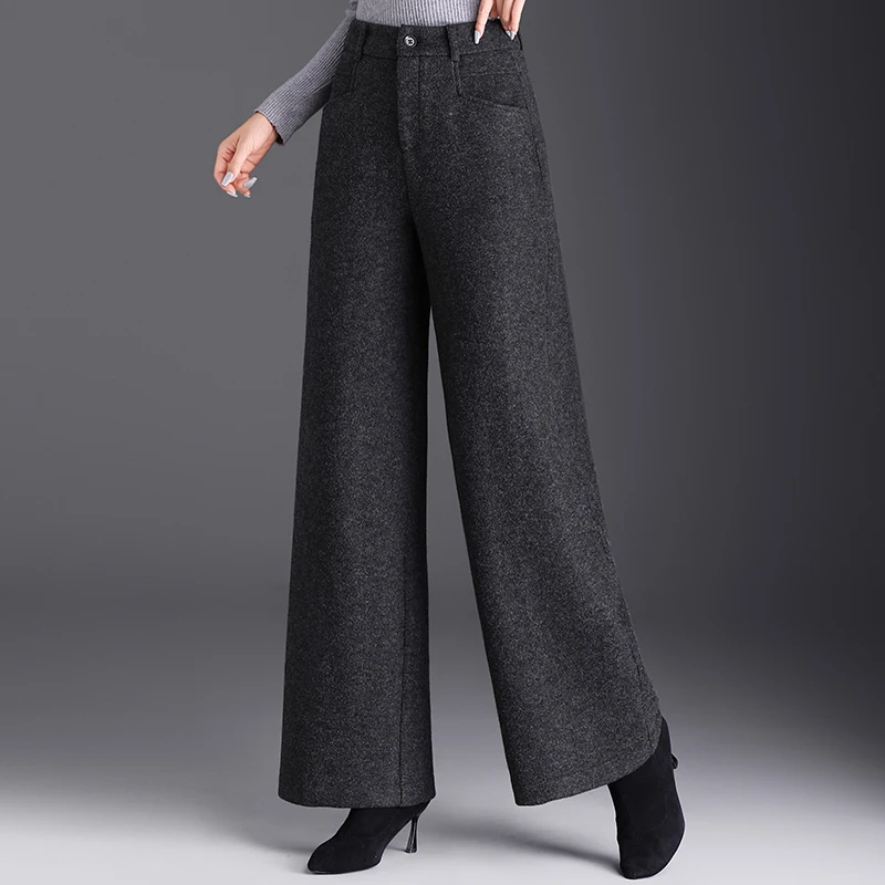 羊毛呢阔腿裤女宽松裤子2025秋冬新款直筒休闲裤高腰大脚裤潮长裤