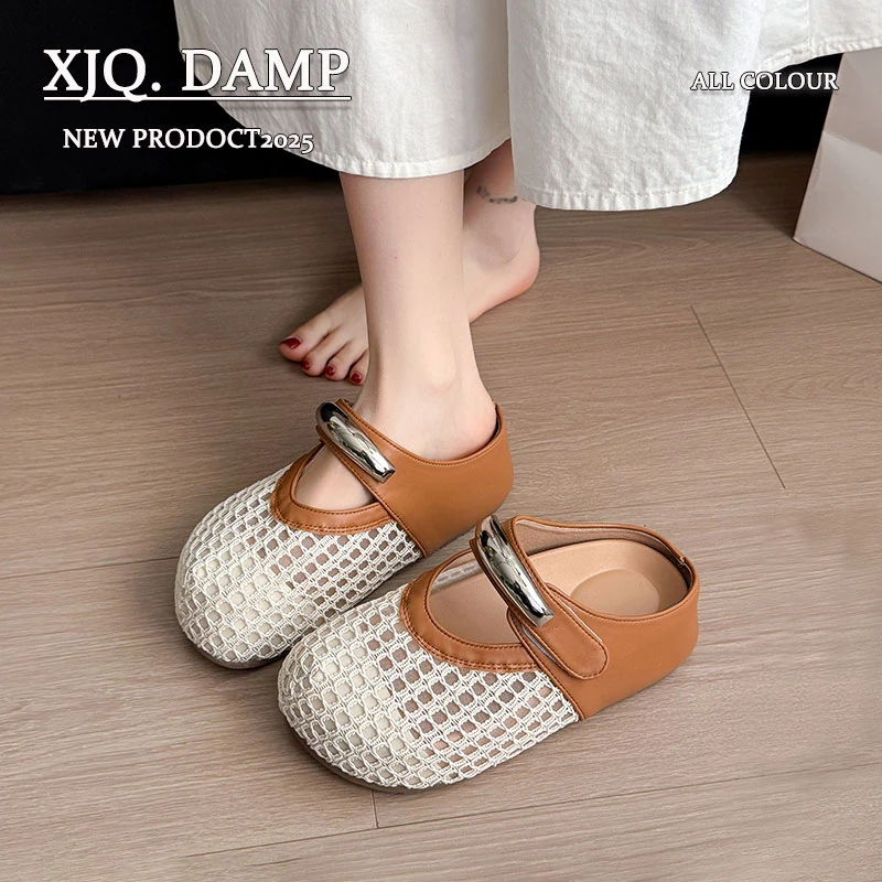 镂空包头半拖鞋女夏外穿超火2025新款网面透气网鞋内增高勃肯凉鞋