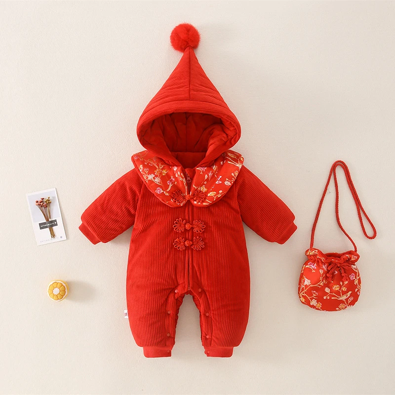 婴儿新年装拜年服连帽连体服装哈衣男女宝宝棉衣满月外出爬服
