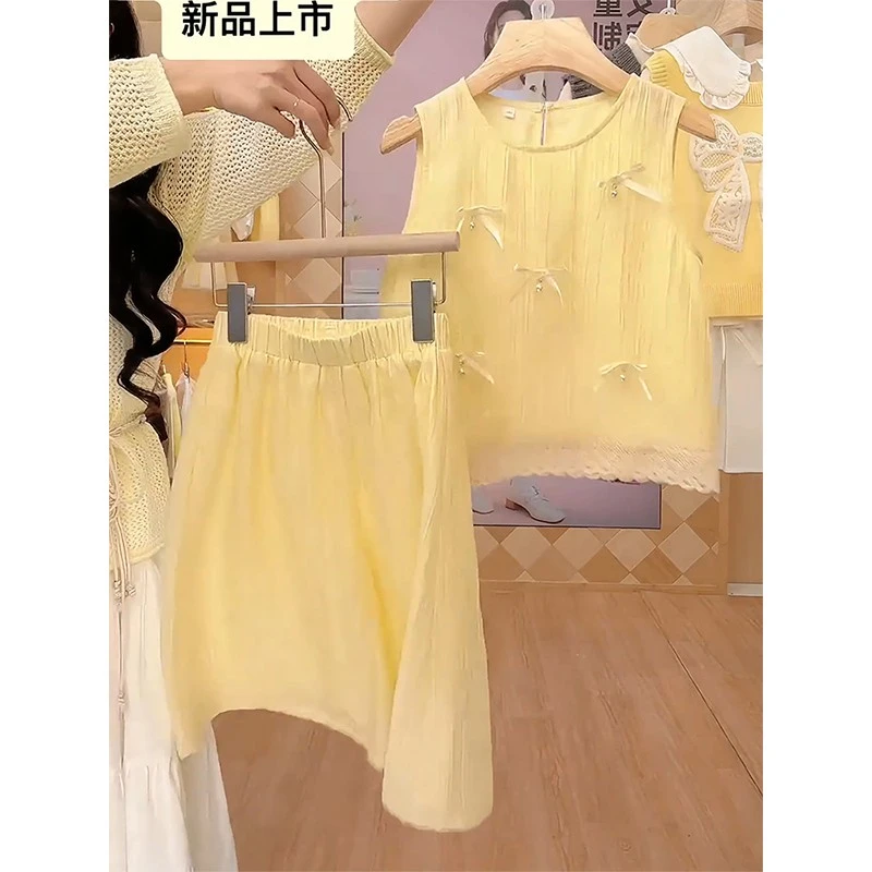女童韩版夏季套装2025儿童新款洋气蝴蝶结无袖上衣半身裙两件套潮