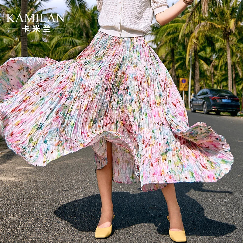 卡米兰裙子女2024夏季新款印花半身裙时尚中长款大摆型度假A字裙