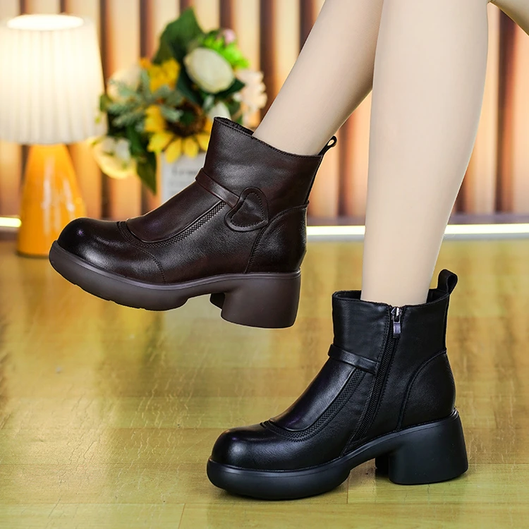 721秋冬新款头层牛皮厚底增高短靴时尚休闲麂皮绒保暖防滑马丁靴