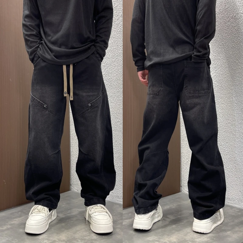 美式高街复古水洗做旧弯刀牛仔裤潮流痞帅百搭宽松直筒垂感阔腿裤