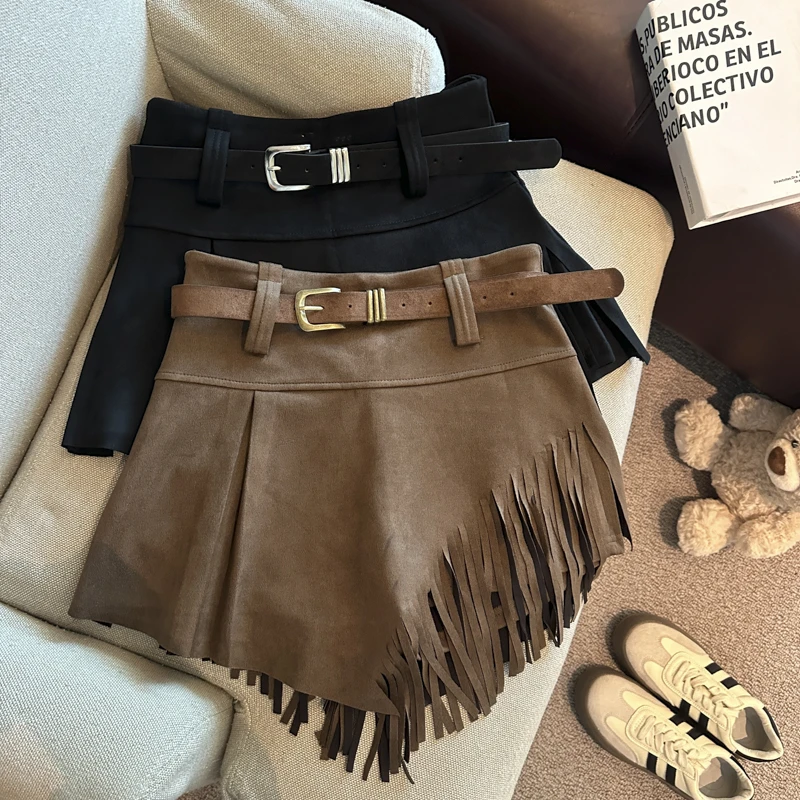 设计感废土风辣妹高腰显瘦麂皮绒流苏不规则半身裙裤防走光短裤裙