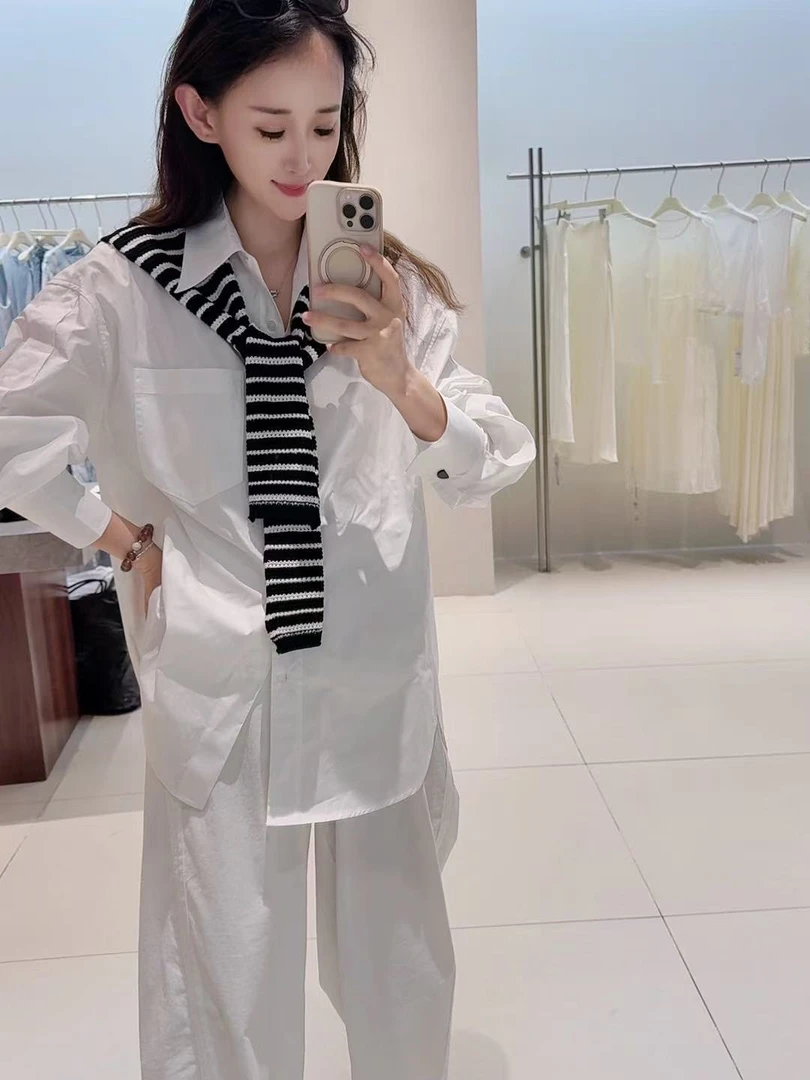 衬衫-135B103117艾家黑白条披肩翻领长袖两件套