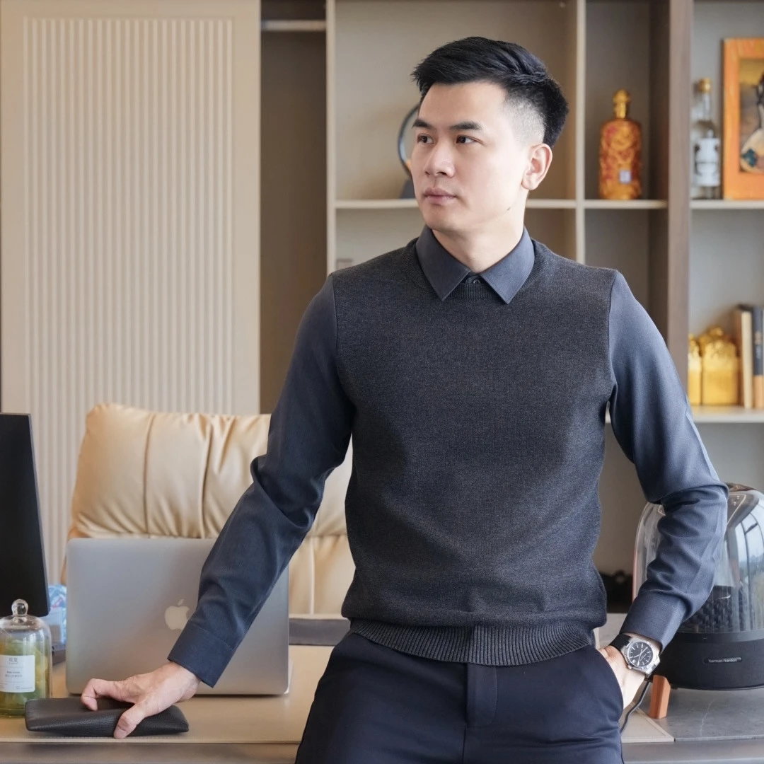 【bing哥哥】轻奢商务假两件针织衫秋冬休闲时尚百搭打底衫上衣