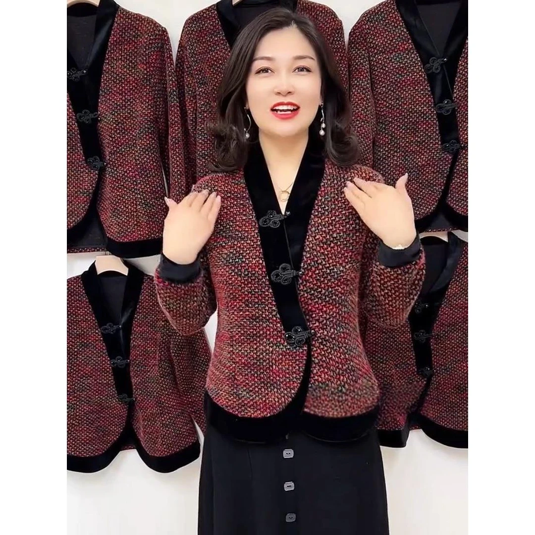 新中式盘扣拼接丝绒外套遮肉显瘦国风上衣时尚洋气轻奢中年妈妈装