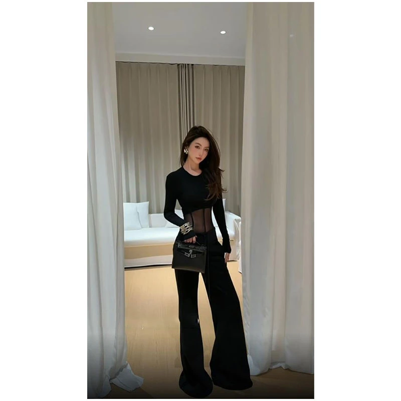 【港岛玫瑰】2026春季新款黑色氛围感显瘦长袖网纱连体衣配休闲裤女