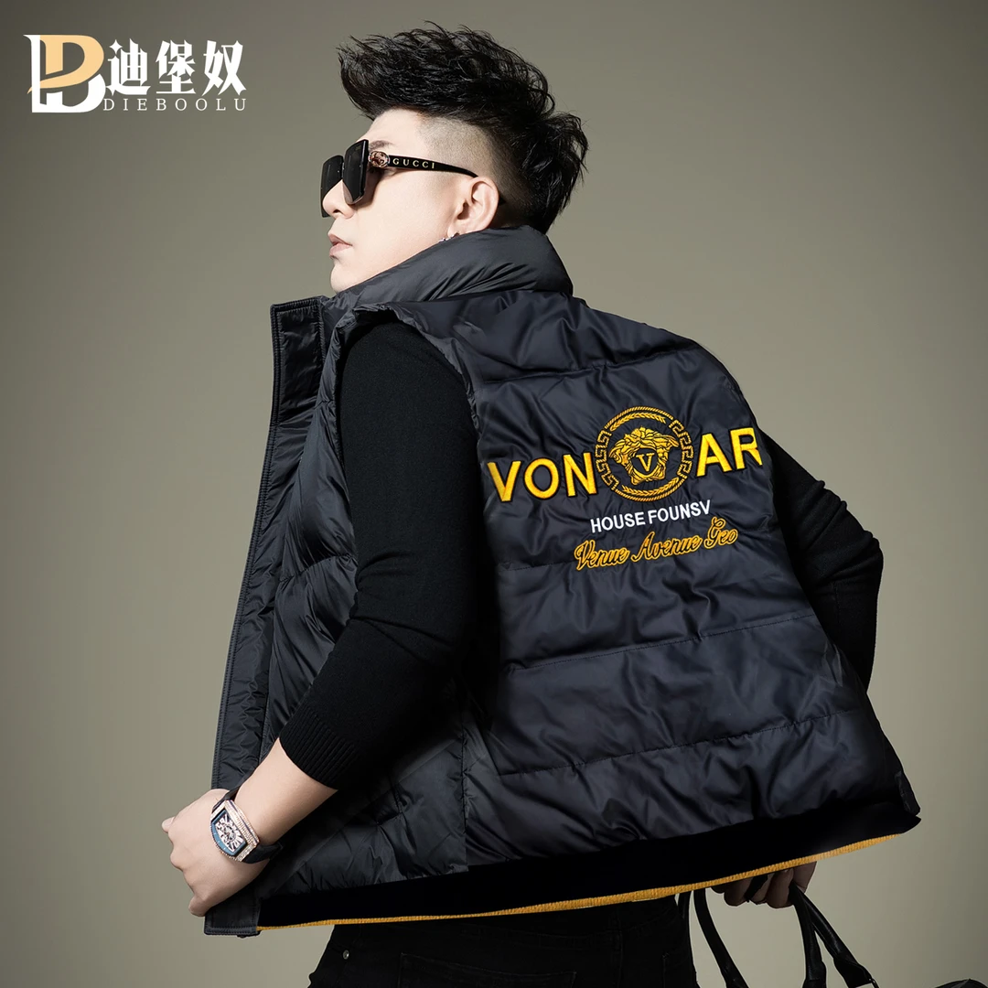 欧洲站潮牌刺绣立领羽绒马甲男士2025新款冬季无袖保暖坎肩外套