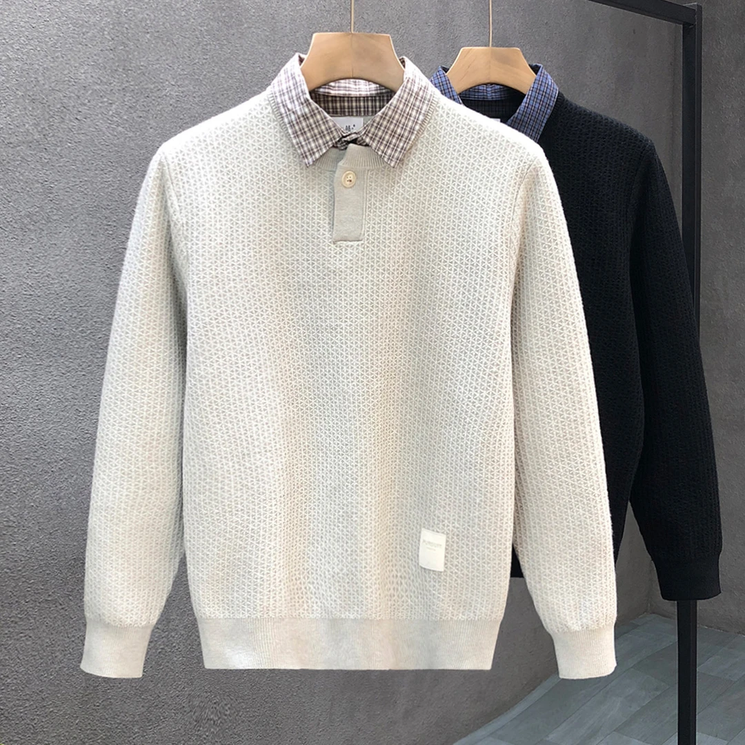 郎的高级感假两件毛衣男潮牌衬衫领内搭线衣2025冬季新款保暖上衣