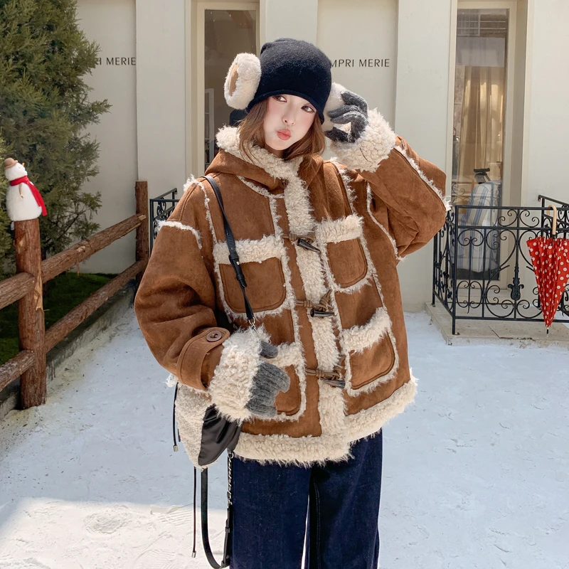 韩系秋冬季穿搭麂皮绒羊羔毛外套女装连帽毛毛衣服皮毛一体加厚