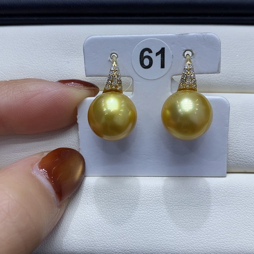 海水珍珠18K金镶嵌耳饰12到13点位浓茶金珠