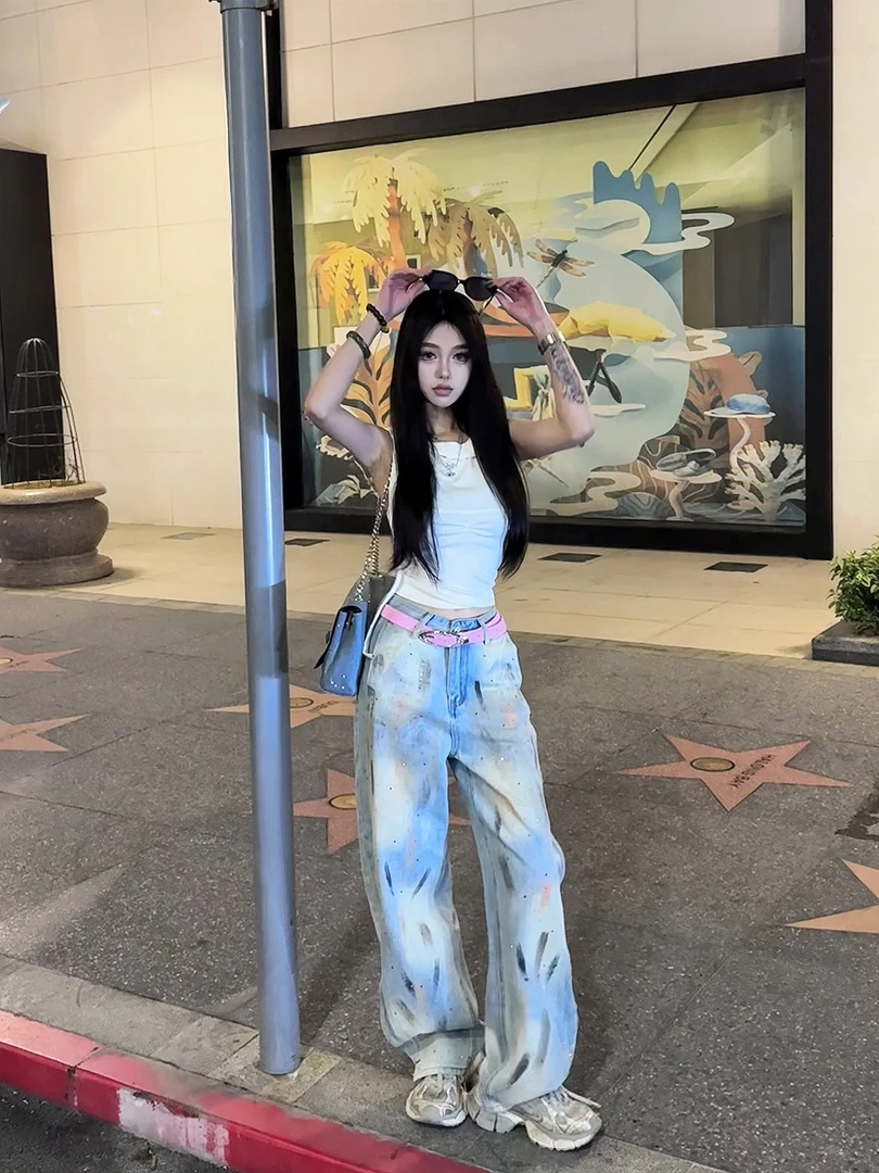 宽松薄款印花扎染显瘦休闲百搭高街设计感带钻牛仔长裤5012