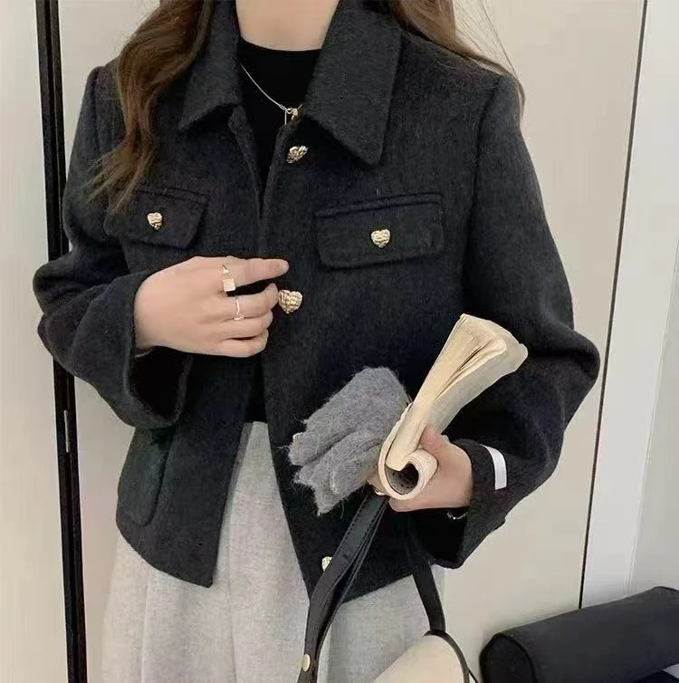 小香风翻领双面呢时尚简约女装