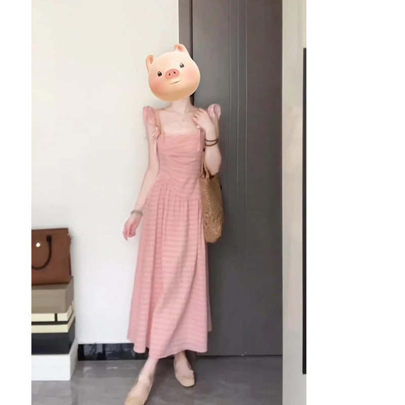 法式甜美方领小飞袖连衣裙夏粉色气质收腰仙女长裙9056