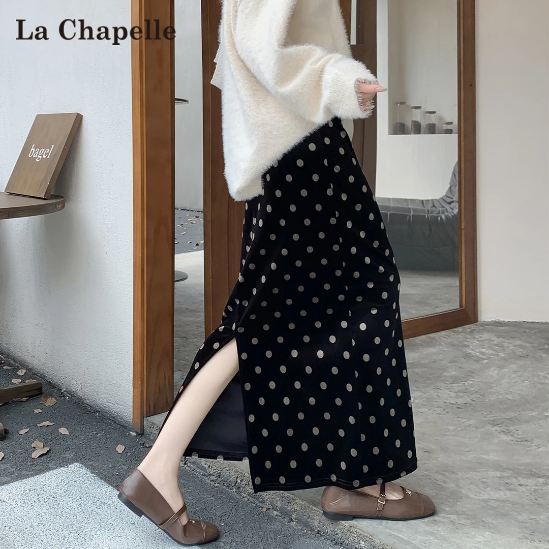 拉夏贝尔金丝绒波点半身裙女春秋2025新款高腰a字中长开叉包臀裙