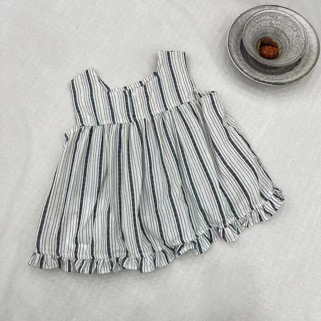 可儿〖莉亚〗2025夏款儿童无袖竖条纹花边娃娃衫衬衫8683 bt6242