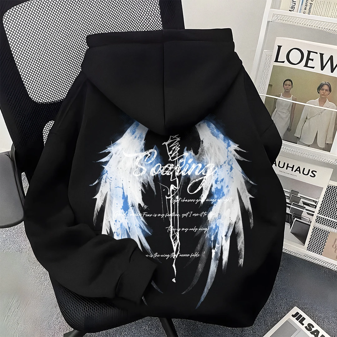 重磅美式高街潮流翅膀印花连帽卫衣男女宽松型休闲高质量秋冬外套