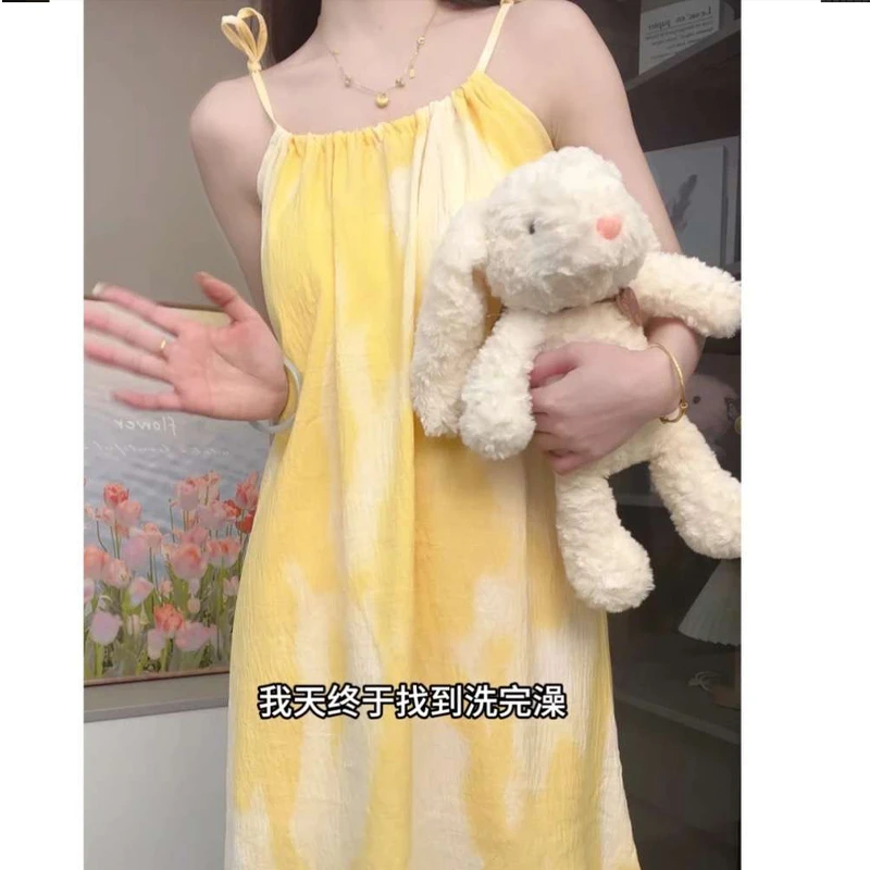 【柠檬黄】吊带睡衣女带胸垫休闲时尚出片可外穿女士连衣裙睡裙