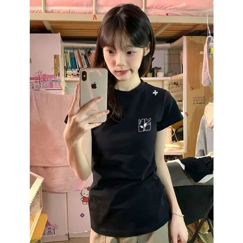 美式复古正肩修身显瘦短袖t恤女夏季辣妹风圆领设计感休闲上衣服