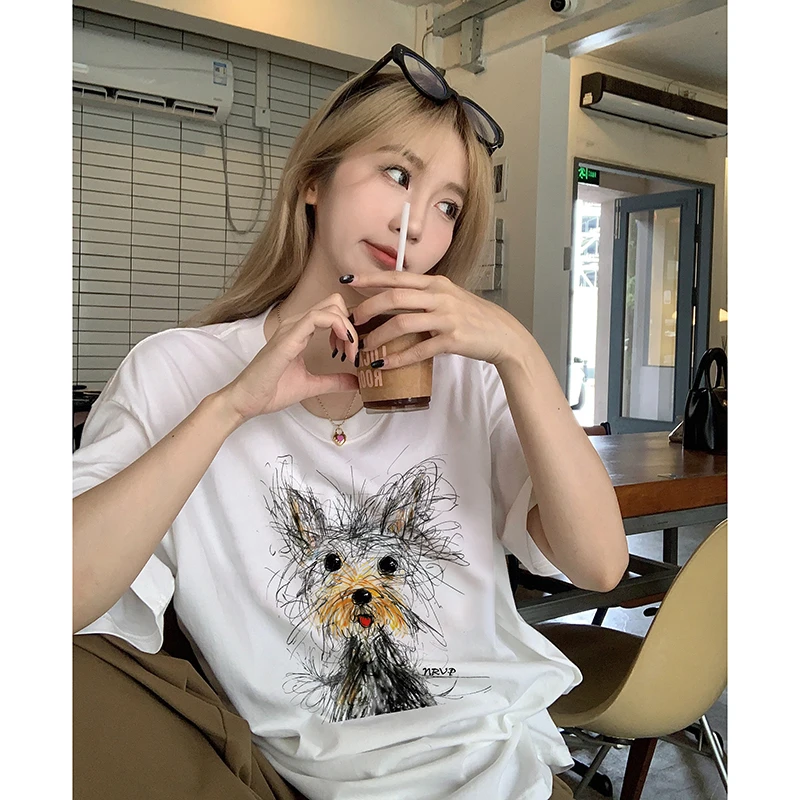 纯棉220克美式卡通涂鸦线条狗短袖T恤女夏季休闲可爱半袖情侣上衣