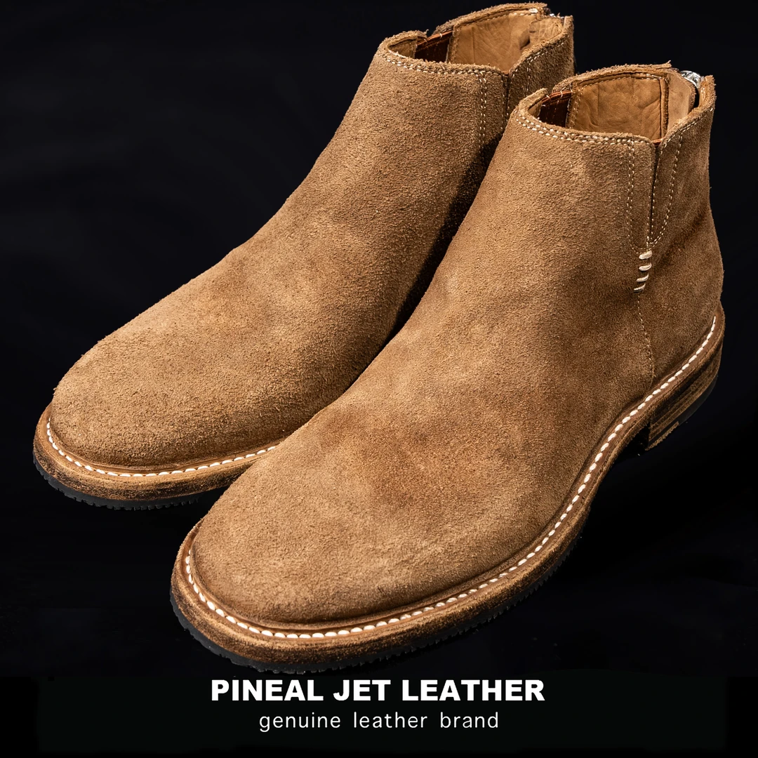 PJL豪松Vibram时尚休闲067V驼色美式复古牛皮反毛皮切尔西靴