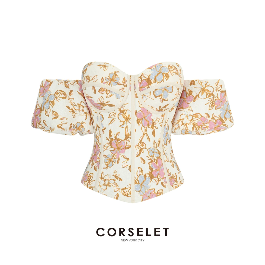 CORSELET25春夏花卉印花分体泡泡袖细肩带美背收腰印花鱼骨胸衣