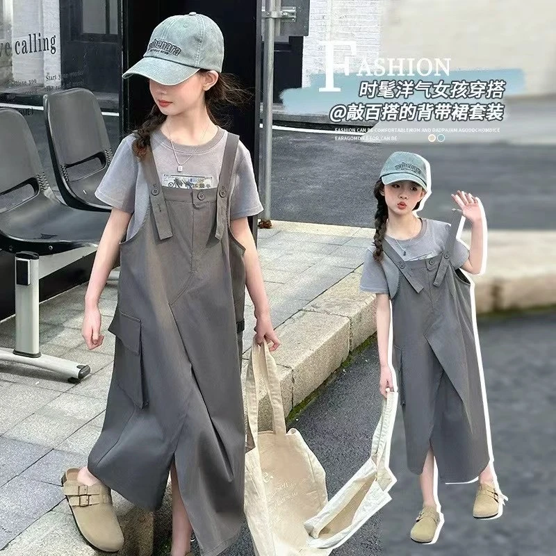 工装风格子少女风女孩女女童洋气夏季韩版套装时尚休闲百搭网红