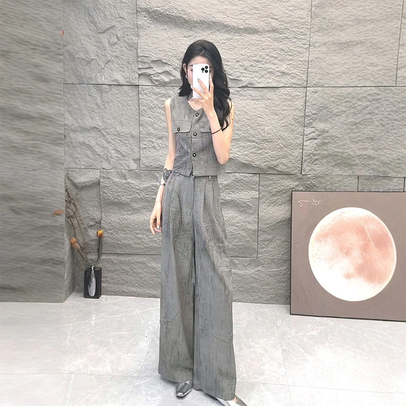 欧货小香风无袖套装女2025夏季高级感气质时尚马甲+阔腿裤两件套