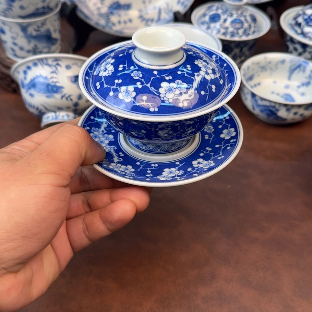 巽***人陶摆件三才冰梅盖碗