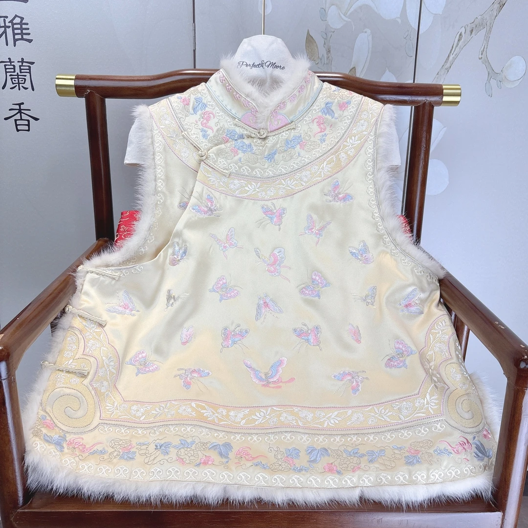 深圳高货 重磅醋酸满绣水貂毛新中式国风百蝶马甲女马夹