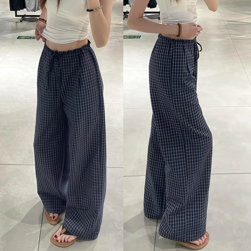 藏青色女夏格子裤宽松显瘦垂坠感遛弯裤小众木耳边直筒休闲阔腿裤