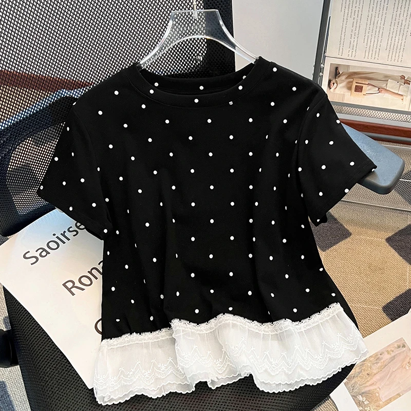 小个子别致T恤2025夏季韩系时尚减龄蕾丝花边百搭波点短袖上衣女