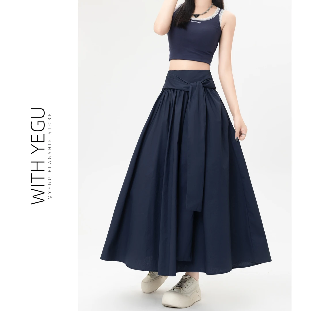 藏青色压褶大摆中长裙女春夏秋大码设计感绑带半身裙气质a字伞裙