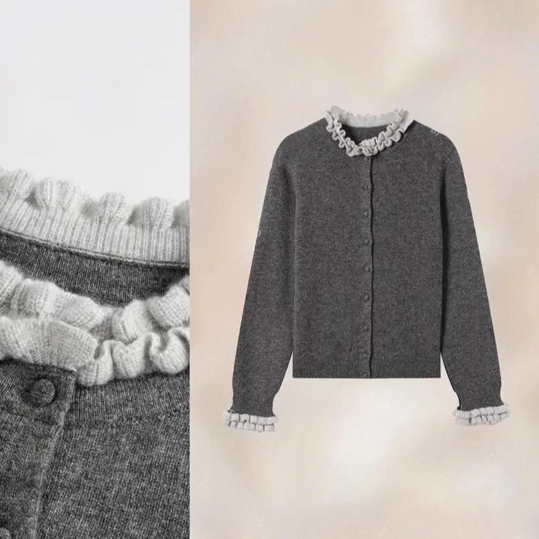 B 门店59&9！玛奇朵外套」法式绵羊毛木耳边针织开衫上衣女 T4745